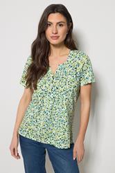 M&Co Green Ditsy Floral Cotton Henley Top | M&Co 3