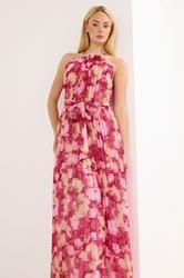STAR Pink Blurred Abstract Metallic Pleated Dress | StarByJM 1