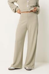 PixieGirl Petite Women's Sage Green Ribbed Soft Touch Wide Leg Trousers | PixieGirl 1