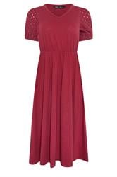 M&Co Petite Berry Red Broderie Sleeve Cotton Midi Dress | M&Co 5
