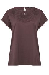 YOURS Curve Brown Broderie Anglaise Grown On Sleeve T-Shirt