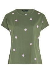 YOURS Curve Khaki Green Embroidered Daisy T-Shirt