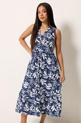 M&Co Petite Navy Blue Leaf Print Sleeveless Cotton Midi Dress | M&Co 3