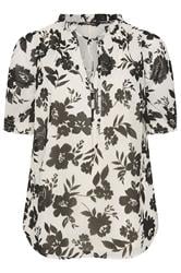 YOURS Curve White & Black Floral Frill Neck Blouse