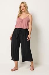 YOURS Plus Size Black Scallop Trim Crinkle Cropped Trousers | Yours Clothing 1