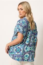 YOURS Plus Size Blue Tile Print Boxy Textured Shirt | Yours Clothing 2