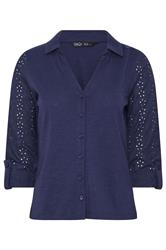 M&Co Petite Navy Blue Broderie Sleeve Cotton Shirt | M&Co 5