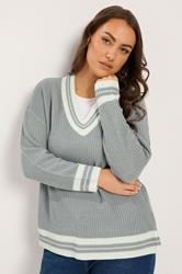 YOURS Plus Size Grey & White Knitted Tennis Jumper | Yours Clothing 1