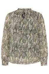 M&Co blusa gris con estampado de serpiente, cuello anudado y mangas abullonadas