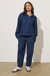 PixieGirl Petite Women's Dark Blue Denim Quarter Zip Cotton Top | PixieGirl 5