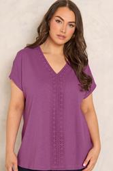 EVANS Plus Size Magenta Pink Cotton Crochet Trim Tee | Evans 3