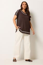 YOURS Plus Size Brown Embroidered Cold Shoulder T-Shirt | Yours Clothing 1