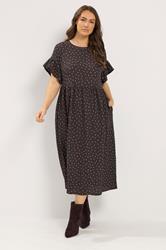 YOURS Plus Size Chocolate Brown Polka Dot Frill Sleeve Midi Dress | Yours Clothing 3