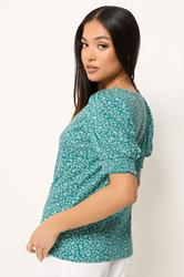 M&Co Petite Teal Green Ditsy Floral Puff Sleeve Top | M&Co 2
