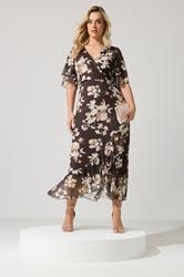 YOURS LONDON Plus Size Chocolate Brown Blurred Floral Wrap Dress | Yours Clothing 3
