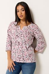 M&Co Petite Pink & White Floral Cotton Henley Top | M&Co 3