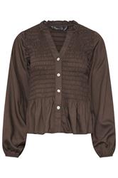 PixieGirl Petite Women's Chocolate Brown Shirred Long Sleeve Shirt | PixieGirl 5
