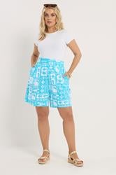 YOURS Plus Size Blue Mixed Shell Shirred Shorts | Yours Clothing 2