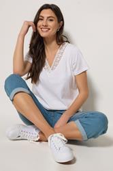 M&Co White Lace Trim V-Neck Cotton T-Shirt | M&Co 1
