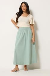 PixieGirl Petite Women's Sage Green Poplin Shirred Cotton Maxi Skirt | PixieGirl 3