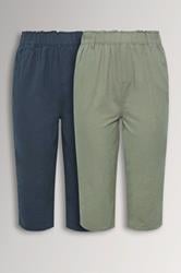 YOURS 2 PACK Plus Size Khaki Green & Navy Blue Cool Cotton Cropped Trousers | Yours Clothing 3