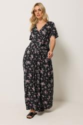 YOURS Plus Size Black & Pink Floral Wrap Front Dress | Yours Clothing 1