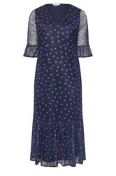 YOURS LONDON Curve Navy Blue Polka Dot Mesh Tiered Dress