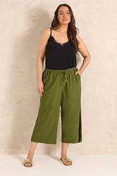 EVANS Plus Size Green Linen Cropped Trousers | Evans 2