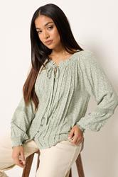 M&Co Petite Sage Green Floral Trim Detail Tie Neck Blouse | M&Co 3