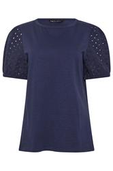 M&Co Navy Blue Broderie Cotton Puff Sleeve Top
