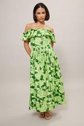 PixieGirl Petite Women's Green Floral Ruffle Cotton Bardot Midi Dress | PixieGirl 1