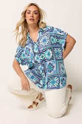 YOURS Plus Size Blue Tile Print Boxy Textured Shirt | Yours Clothing 3