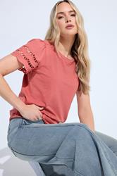 LTS Tall Women's Coral Pink Embroidered Cotton T-Shirt | Long Tall Sally 3