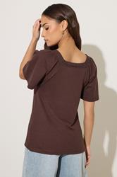PixieGirl Petite Women's Chocolate Brown Crochet Trim Flutter Sleeve Cotton T-Shirt | PixieGirl 2