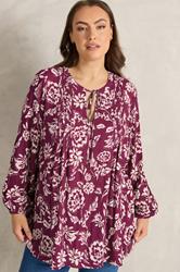 EVANS Plus Size Berry Red Floral Pintuck Tie Neck Blouse | Evans 3