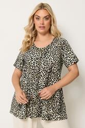 YOURS Plus Size Brown Leopard Print Ribbed Swing T-Shirt | Yours Clothing 1