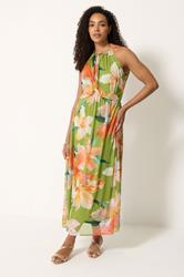M&Co Green Floral Print Mesh Knot Front Halter Maxi Dress | M&Co 2