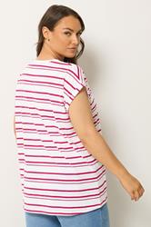 YOURS Plus Size White & Pink Stipe V-Neck T-Shirt | Yours Clothing 2