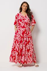 YOURS Plus Size Red Leaf Print Tiered Maxi Dress | Yours Clothing 1