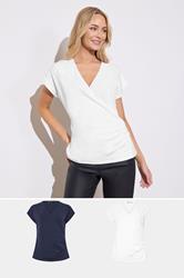 M&Co 2 PACK White & Navy Short Sleeve Wrap Tops | M&Co 1