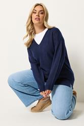 YOURS Plus Size Navy Blue V-Neck Soft Touch Jumper | Yours Clothing 3