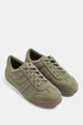 Sage Green Faux Suede Low Retro Stripe Trainers In Extra Wide EEE Fit