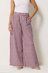 PixieGirl Petite Women's Burgundy Red Gingham Cotton Wide Leg Trousers | PixieGirl 1