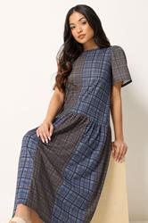 PixieGirl Petite Women's Navy Blue & Brown Check Midi Dress | PixieGirl 1