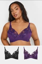 M&Co 2 PACK Purple & Black Floral Lace Trim Bra | M&Co 3