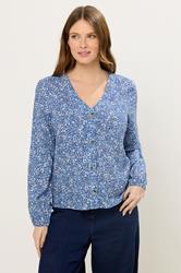 M&Co Blue Ditsy Floral Button Front Long Sleeve Blouse | M&Co 1