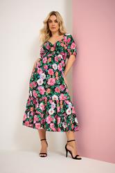 YOURS Plus Size Black Floral Milkmaid Midi Dress | Yours Clothing 3