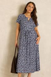 EVANS Plus Size Brown & Blue Spot Bar Detail Dress | Evans 1