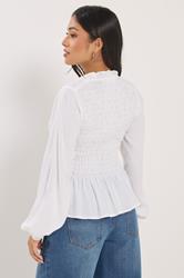PixieGirl Petite Women's White Shirred Long Sleeve Shirt | PixieGirl 4