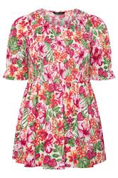 YOURS roze top met bloemenprint, plooien en pofmouwen